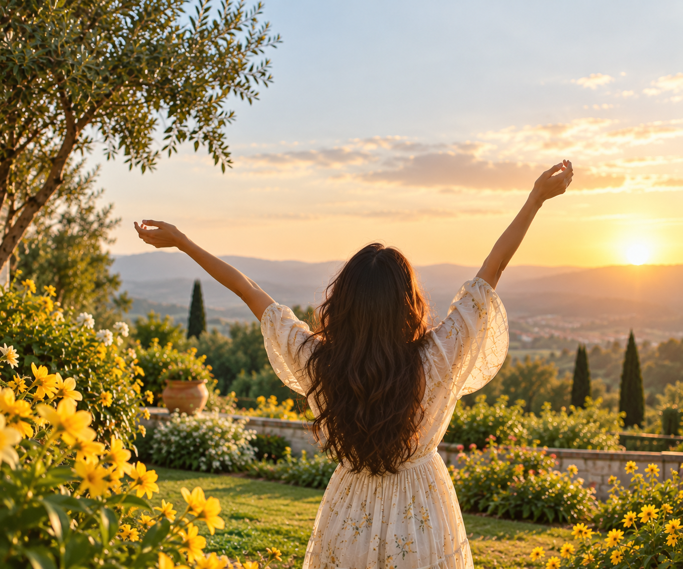 A woman raising her arms in a garden at sunset, symbolising hope and new beginnings